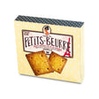 A box of Petits-Beurre Vanille biscuits, featuring a pale yellow design with white polka dots, a navy blue top panel with gold dots, and illustrations of two golden-brown square biscuits.