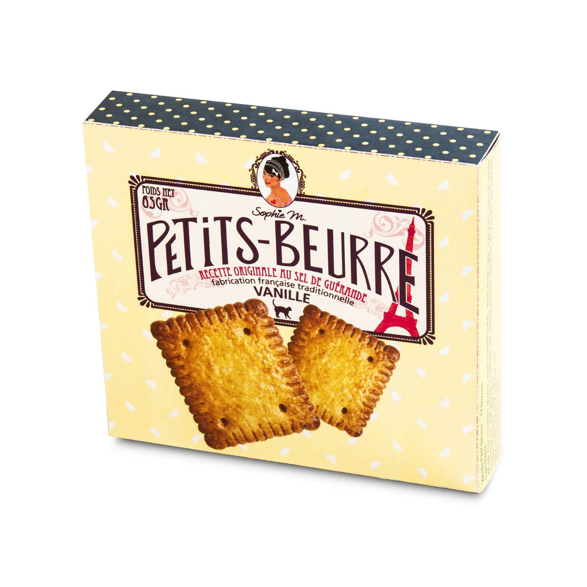 A box of Petits-Beurre Vanille biscuits, featuring a pale yellow design with white polka dots, a navy blue top panel with gold dots, and illustrations of two golden-brown square biscuits.