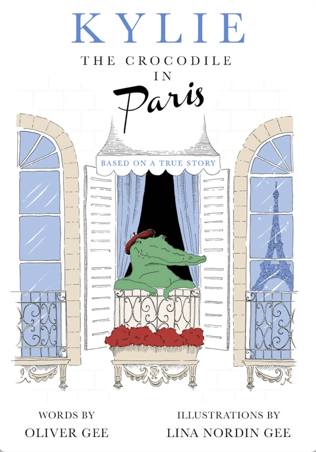 Book cover for 'Kylie the Crocodile in Paris' featuring an illustrated green crocodile wearing a red beret sitting on a Parisian balcony with the Eiffel Tower visible in the window, on a white brick-patterned background.