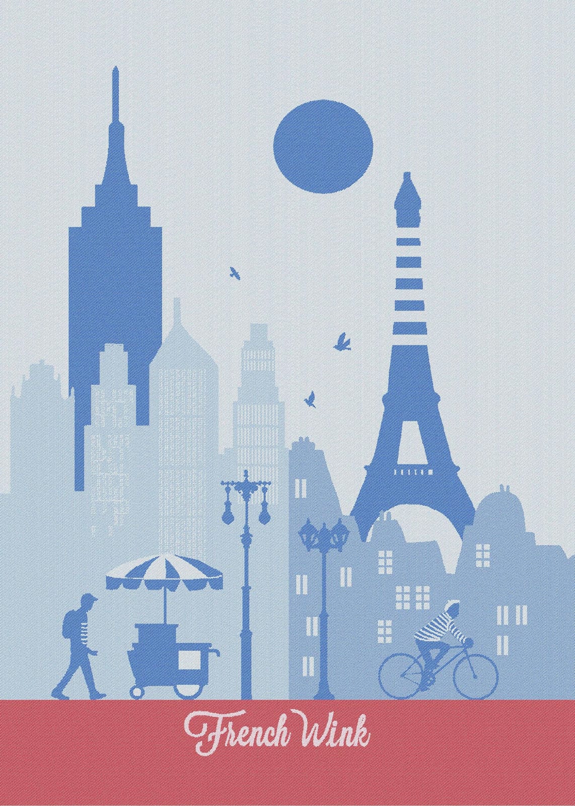 Silhouette of a city skyline with famous landmarks on a light blue background, featuring the brand 'French Wink'.