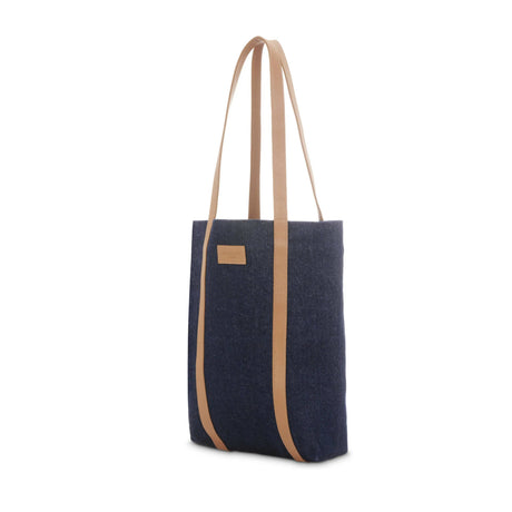 The Tote - Tote bag made from recycled denim with beige leather finish we